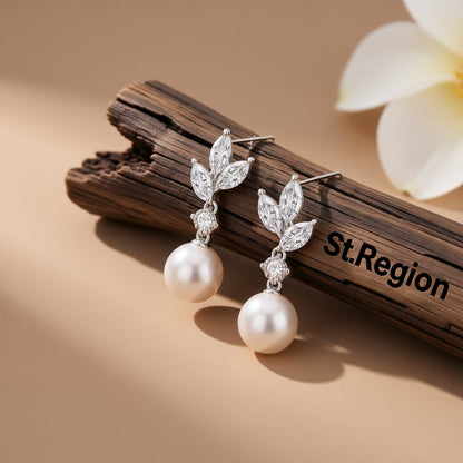 Crystal and Cubic Zirconia Pearl Botanical Drop Earrings, drop earrings for women, dainty minimalist design, front view
