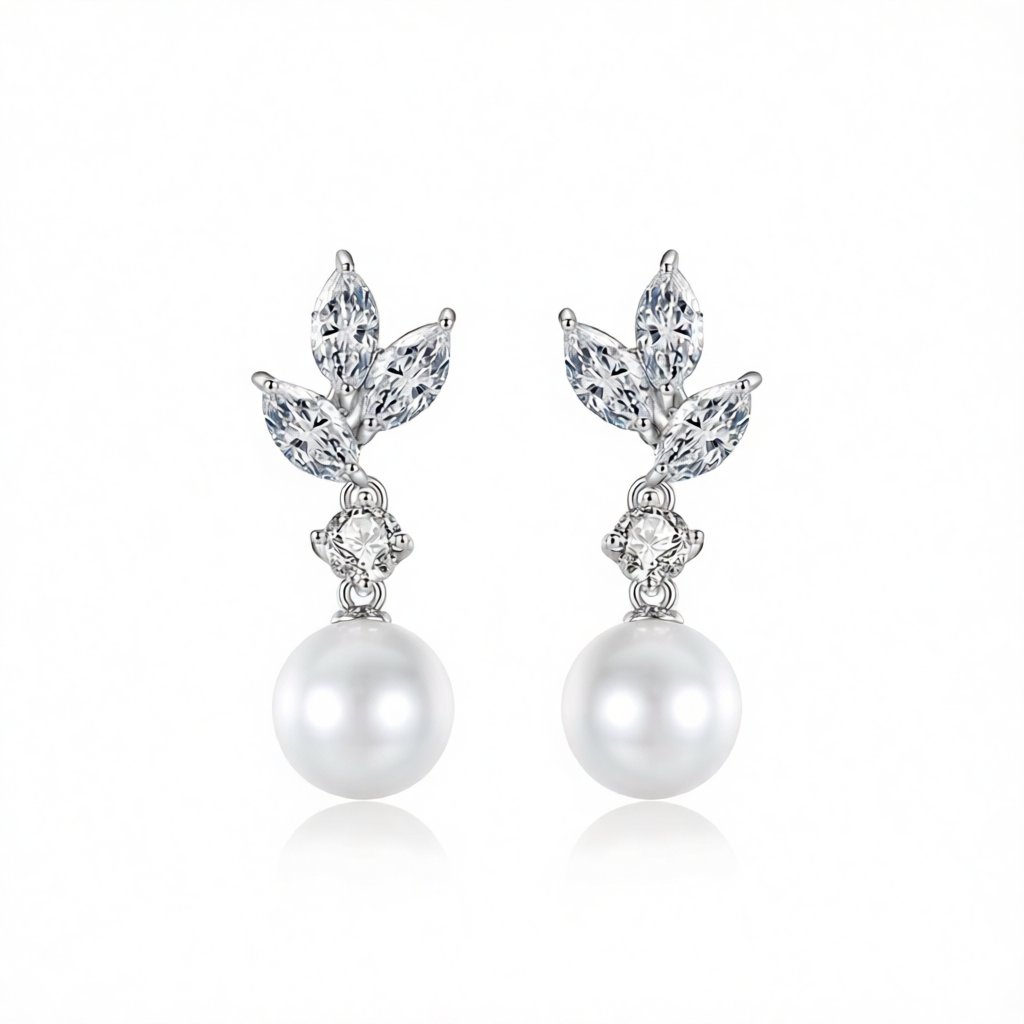 Crystal and Cubic Zirconia Pearl Botanical Drop Earrings, drop earrings for women, dainty minimalist design, side view