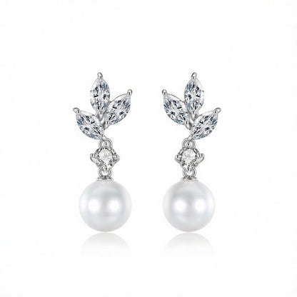 Crystal and Cubic Zirconia Pearl Botanical Drop Earrings, drop earrings for women, dainty minimalist design, side view