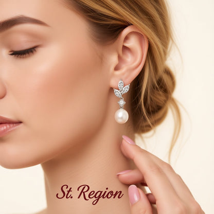 Crystal and Cubic Zirconia Pearl Botanical Drop Earrings, drop earrings for women, dainty minimalist design, styled look