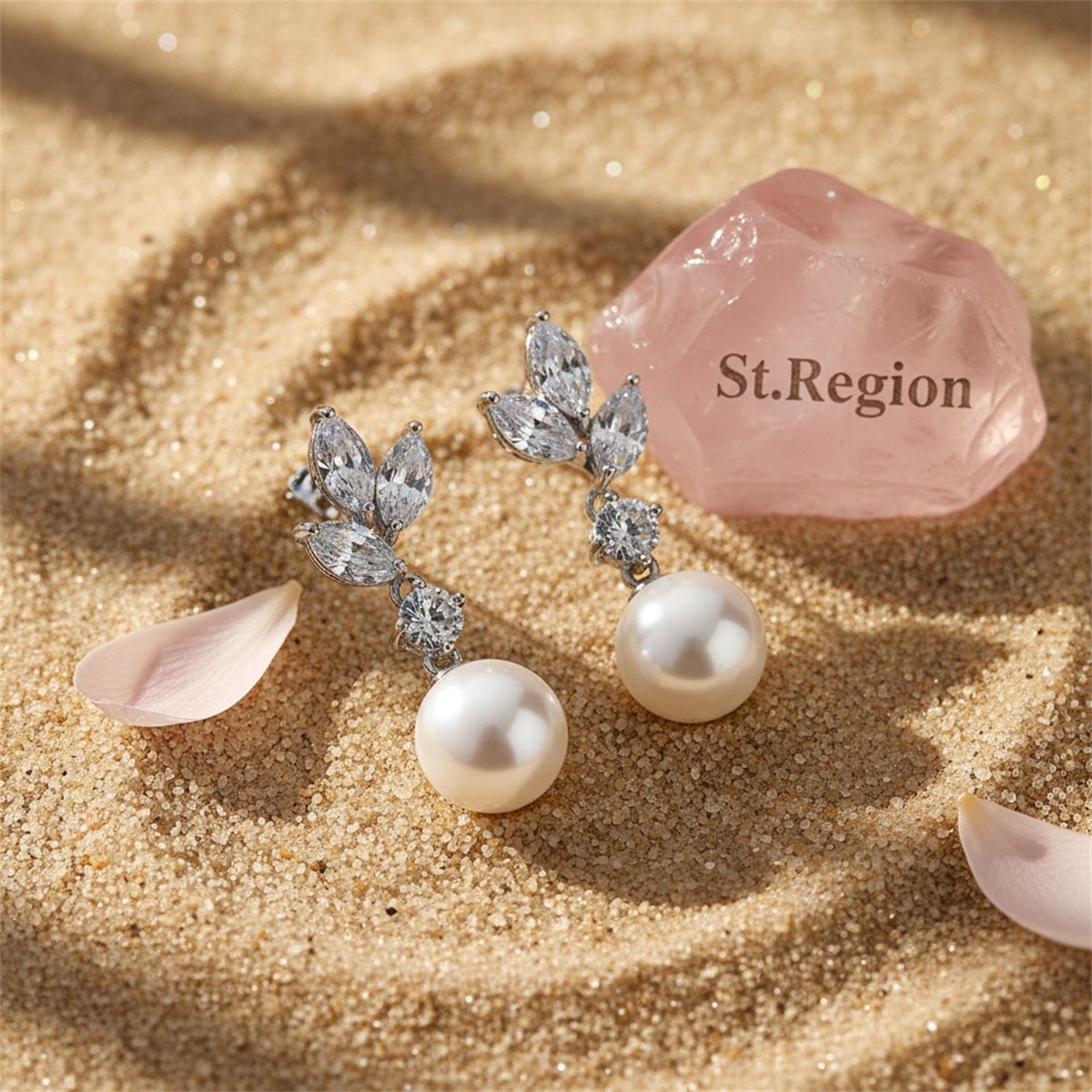 Crystal and Cubic Zirconia Pearl Botanical Drop Earrings, drop earrings for women, dainty minimalist design, detail close-up