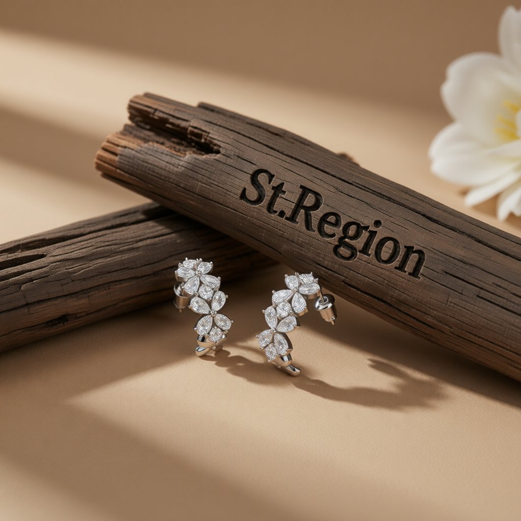 Crystal and Cubic Zirconia Flower Huggie Earrings, huggie earrings, vintage-inspired design, front view