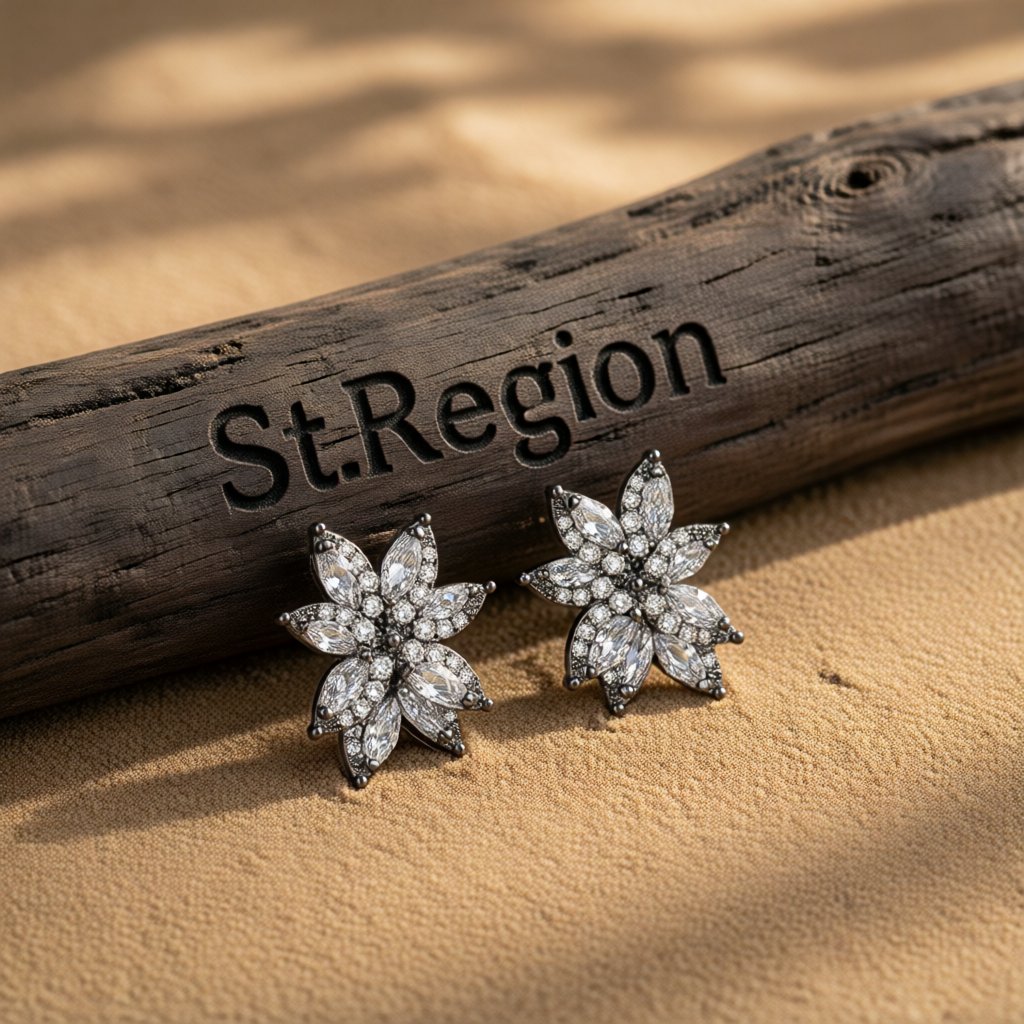 Black Crystal and Cubic Zirconia Flower Stud Earrings, stud earrings for women, botanical inspired, front view