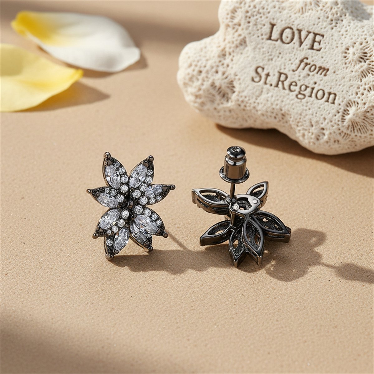 Black Crystal and Cubic Zirconia Flower Stud Earrings, stud earrings for women, botanical inspired, lifestyle look