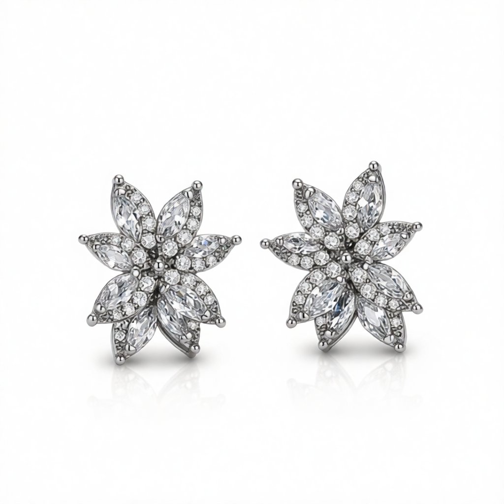 Black Crystal and Cubic Zirconia Flower Stud Earrings, stud earrings for women, botanical inspired, side view