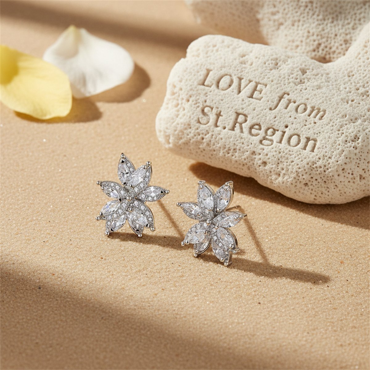 Cubic Zirconia and Crystal Floral Stud Earrings, stud earrings for women, botanical inspired, lifestyle look