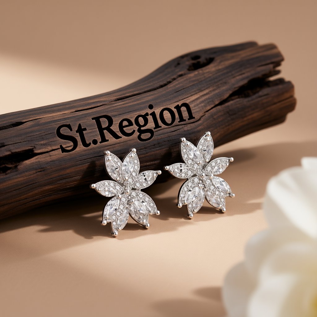 Cubic Zirconia and Crystal Floral Stud Earrings, stud earrings for women, botanical inspired, front view