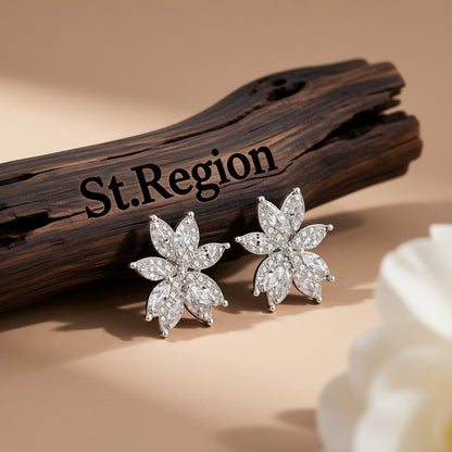 Cubic Zirconia and Crystal Floral Stud Earrings, stud earrings for women, botanical inspired, front view