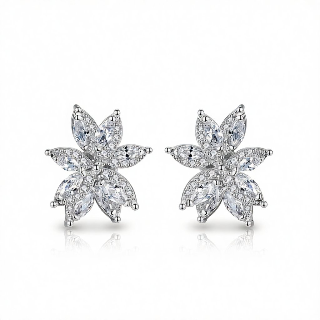 Cubic Zirconia and Crystal Floral Stud Earrings, stud earrings for women, botanical inspired, side view