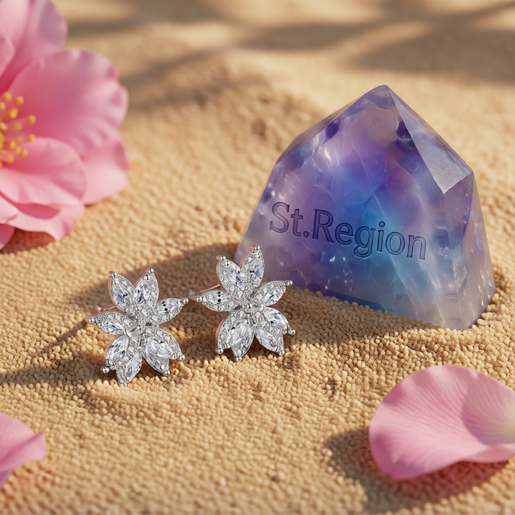 Cubic Zirconia and Crystal Floral Stud Earrings, stud earrings for women, botanical inspired, detail close-up