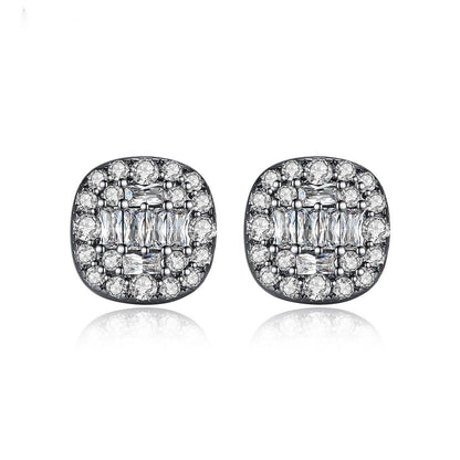 Black Crystal and Cubic Zirconia Round Stud Earrings, stud earrings for women, everyday style, detail close-up