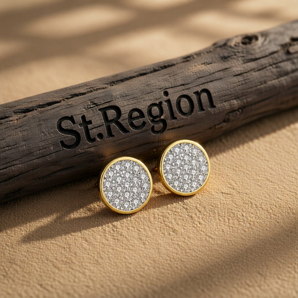 Cubic Zirconia and 18K Gold-Plated Round Stud Earrings, gold stud earrings for women, elegant gift for her, front view