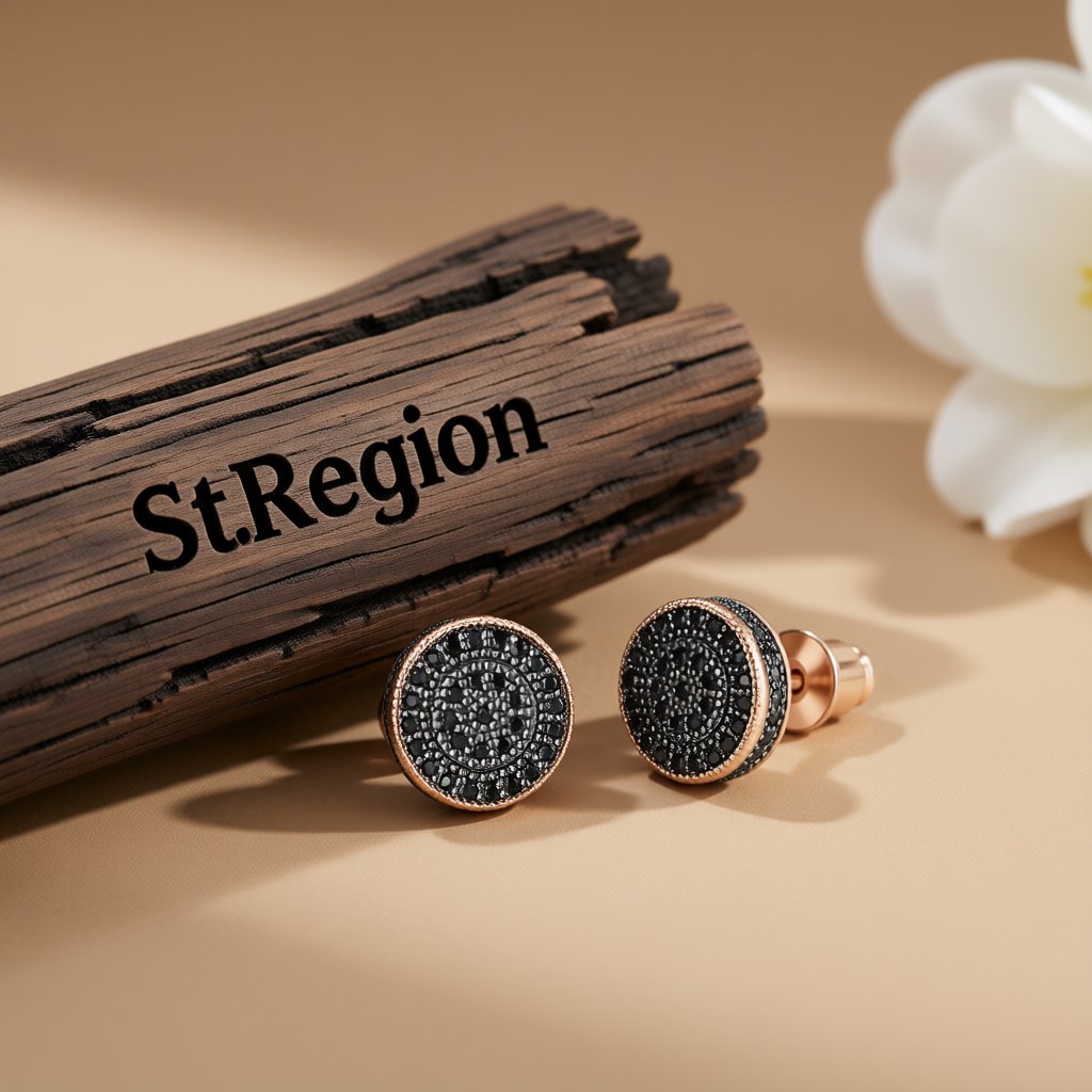 Black Cubic Zirconia and 18K Rose Gold-Plated Round Stud Earrings, rose gold stud earrings for women, front view