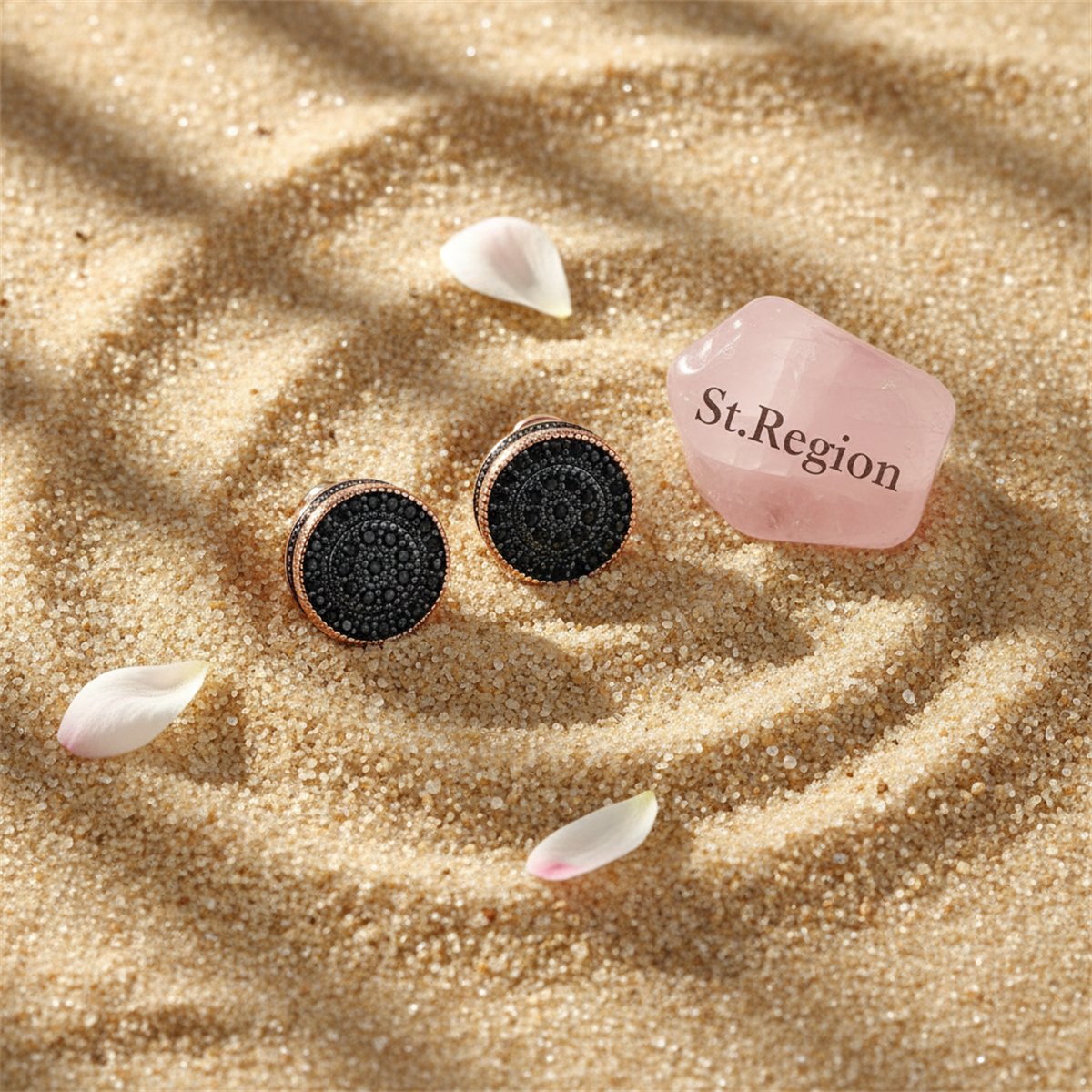 Black Cubic Zirconia and 18K Rose Gold-Plated Round Stud Earrings, rose gold stud earrings for women, detail close-up