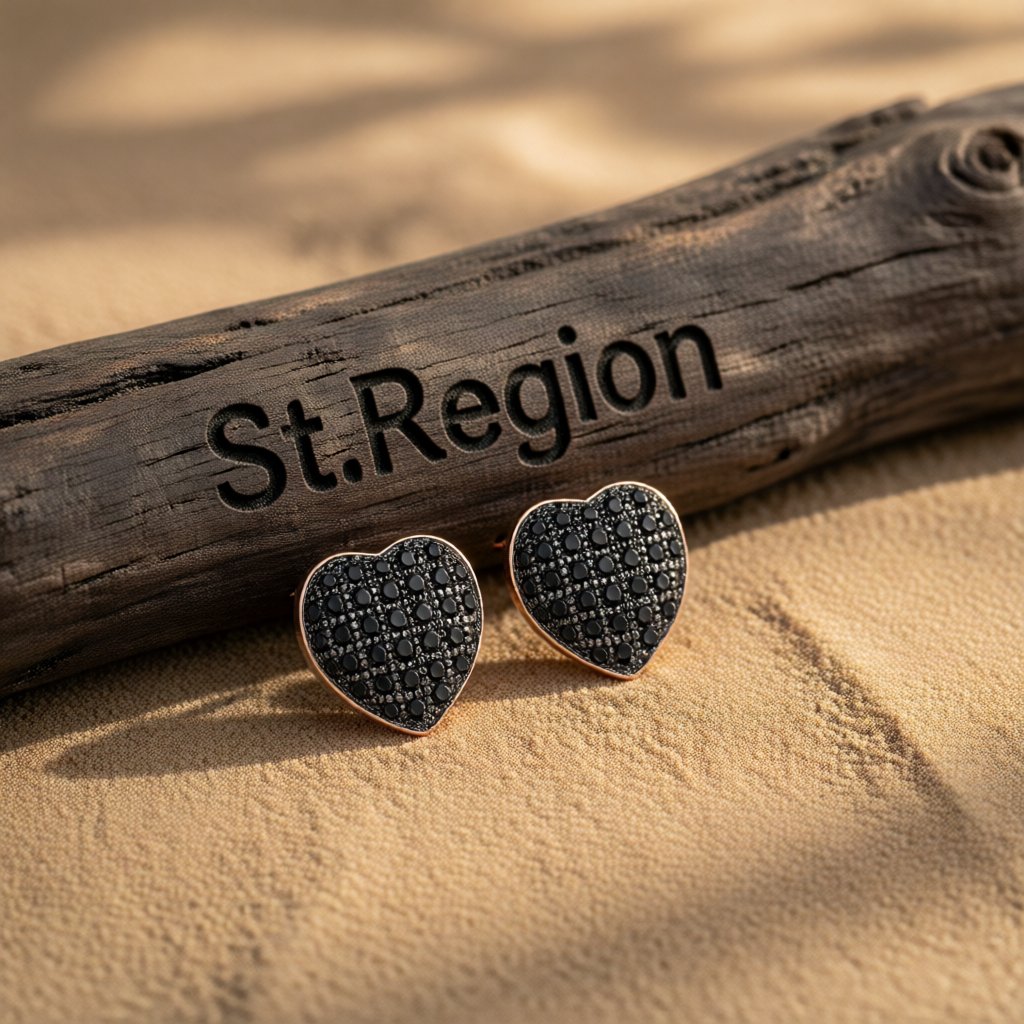 Black Cubic Zirconia and 18K Gold-Plated Heart Stud Earrings, gold stud earrings for women, botanical inspired, side view