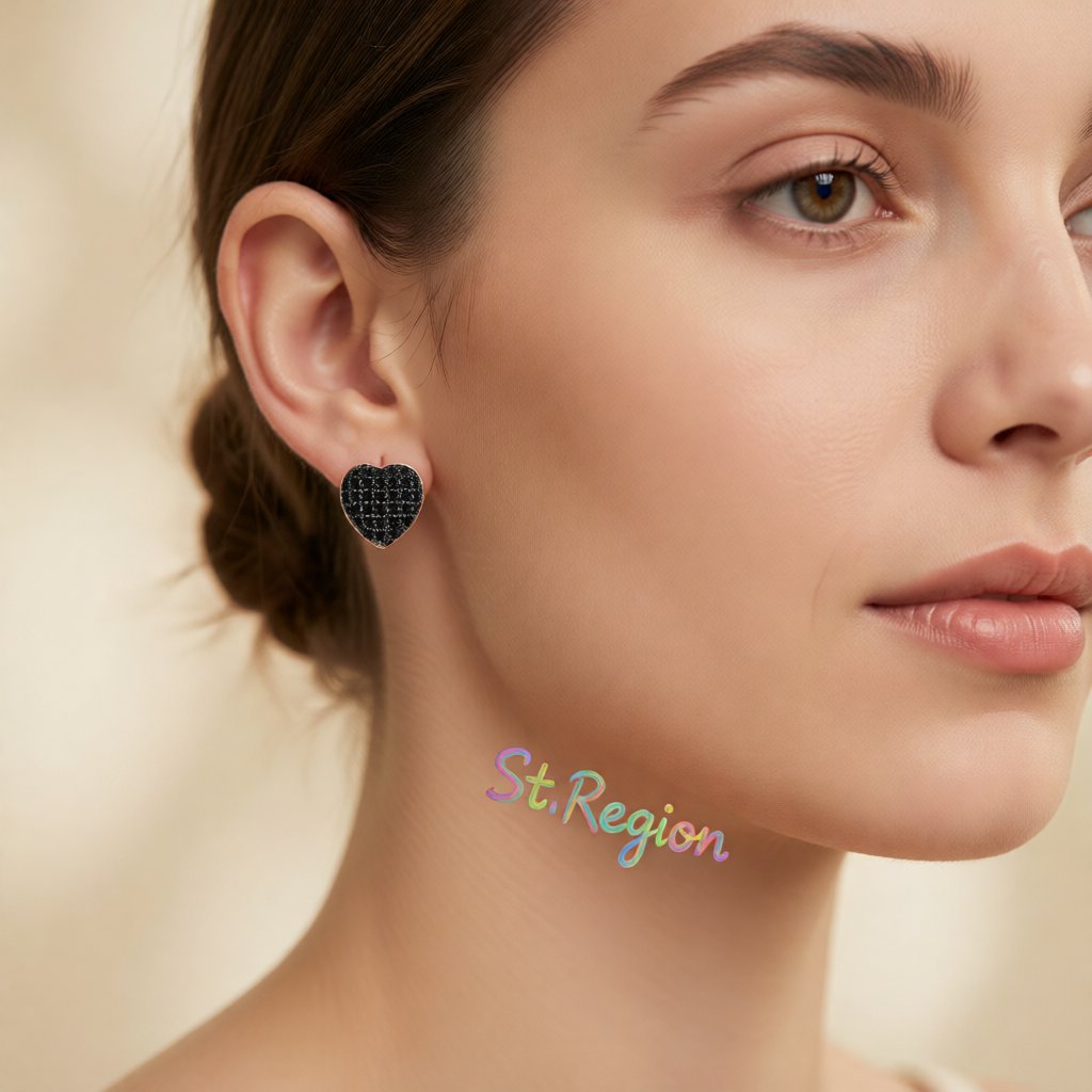 Black Cubic Zirconia and 18K Gold-Plated Heart Stud Earrings, gold stud earrings for women, detail close-up