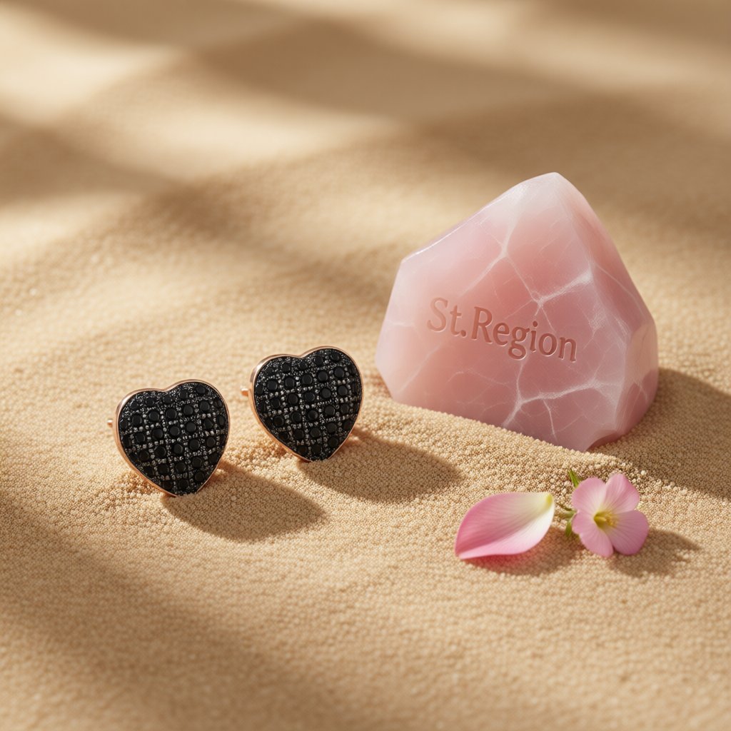 Black Cubic Zirconia and 18K Gold-Plated Heart Stud Earrings, gold stud earrings for women, botanical inspired, styled look