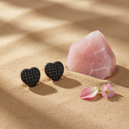 Black Cubic Zirconia and 18K Gold-Plated Heart Stud Earrings, gold stud earrings for women, botanical inspired, styled look