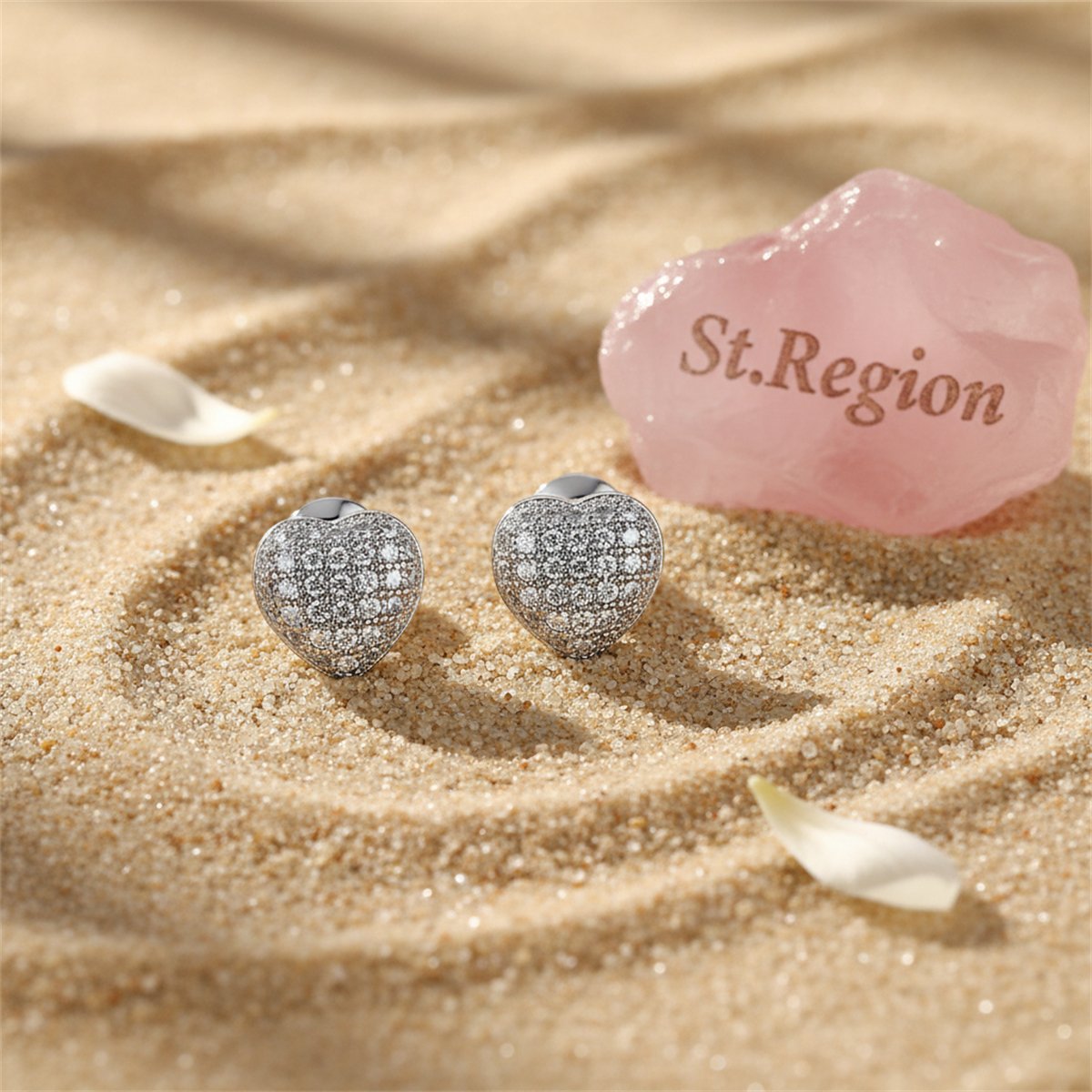 Cubic Zirconia and Silver-Plated Heart Stud Earrings, silver stud earrings for women, detail close-up