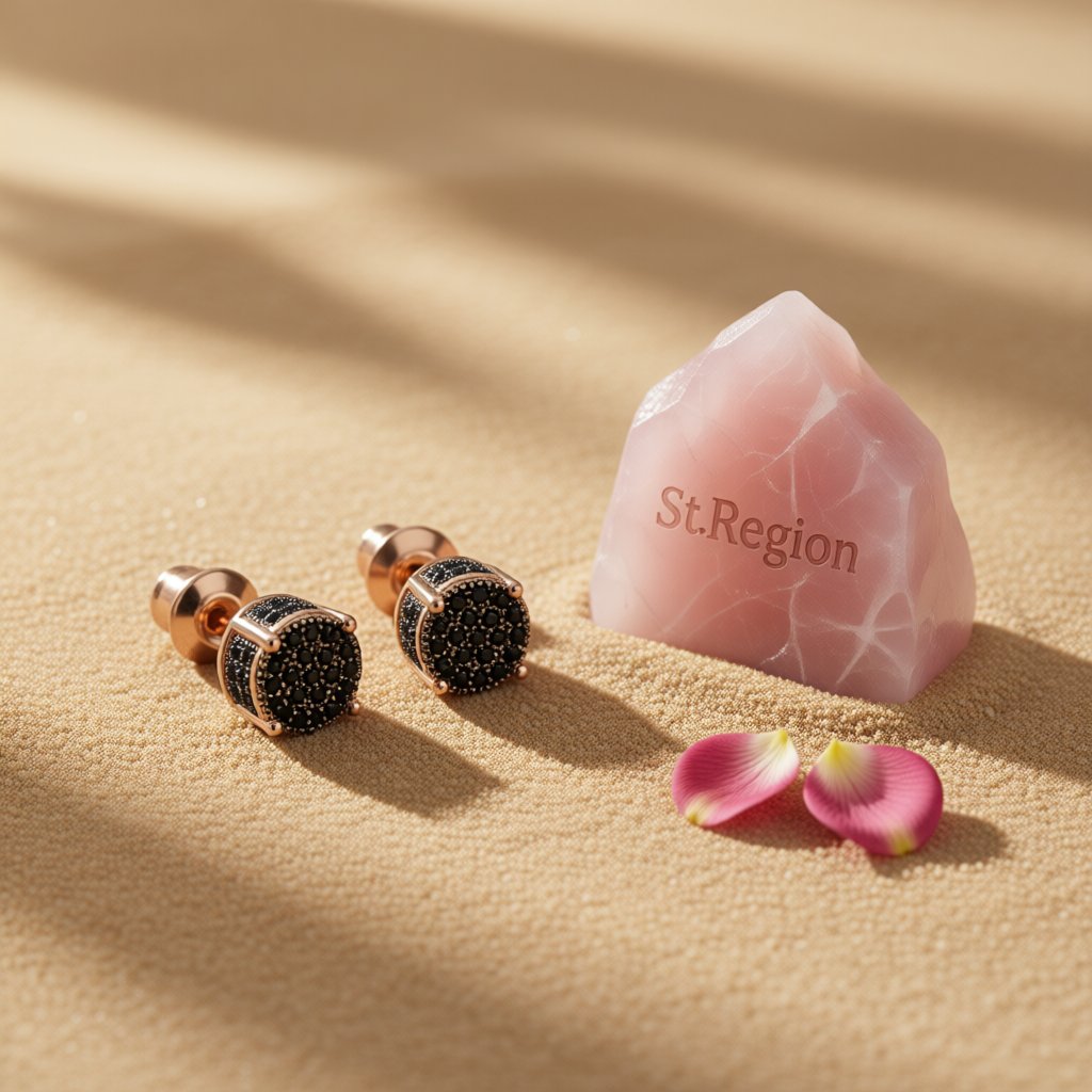 Black Cubic Zirconia and 18K Rose Gold-Plated Stud Earrings, rose gold stud earrings for women, detail close-up