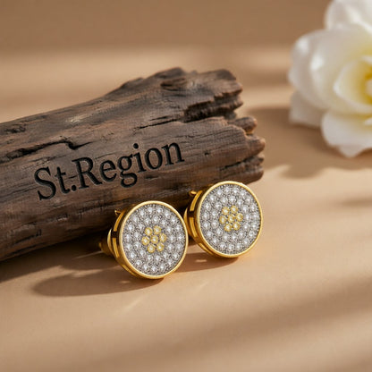 Cubic Zirconia and 18K Gold-Plated Flower Round Stud Earrings, gold stud earrings for women, elegant gift for her, front view
