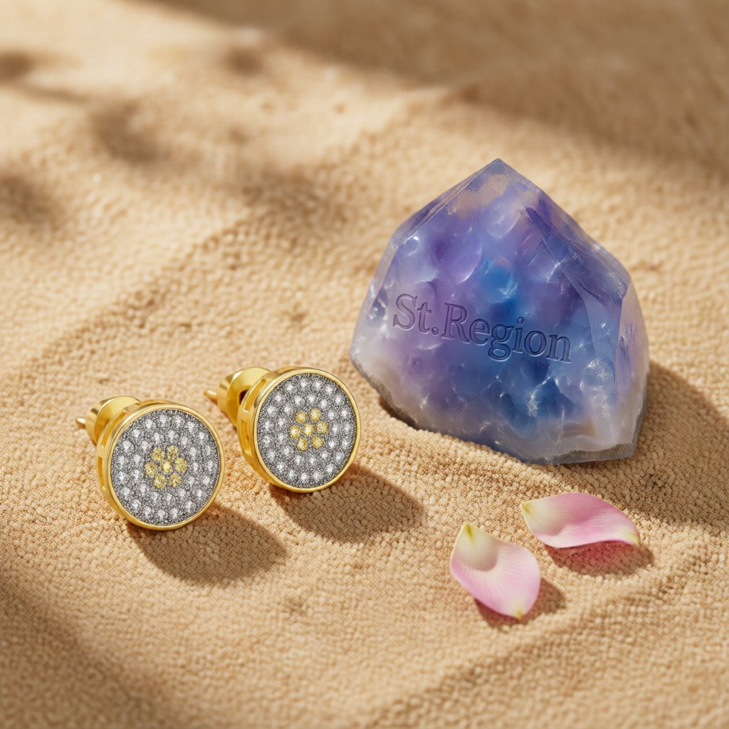 Cubic Zirconia and 18K Gold-Plated Flower Round Stud Earrings, gold stud earrings for women, detail close-up