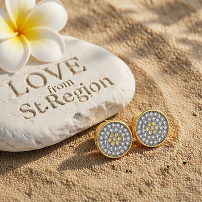 Cubic Zirconia and 18K Gold-Plated Flower Round Stud Earrings, gold stud earrings for women, lifestyle look