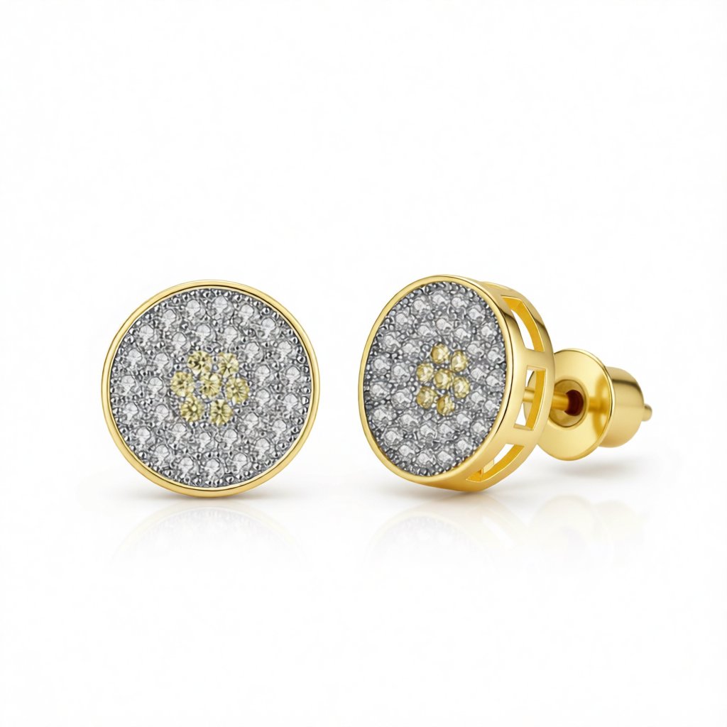 Cubic Zirconia and 18K Gold-Plated Flower Round Stud Earrings, gold stud earrings for women, elegant gift for her, side view