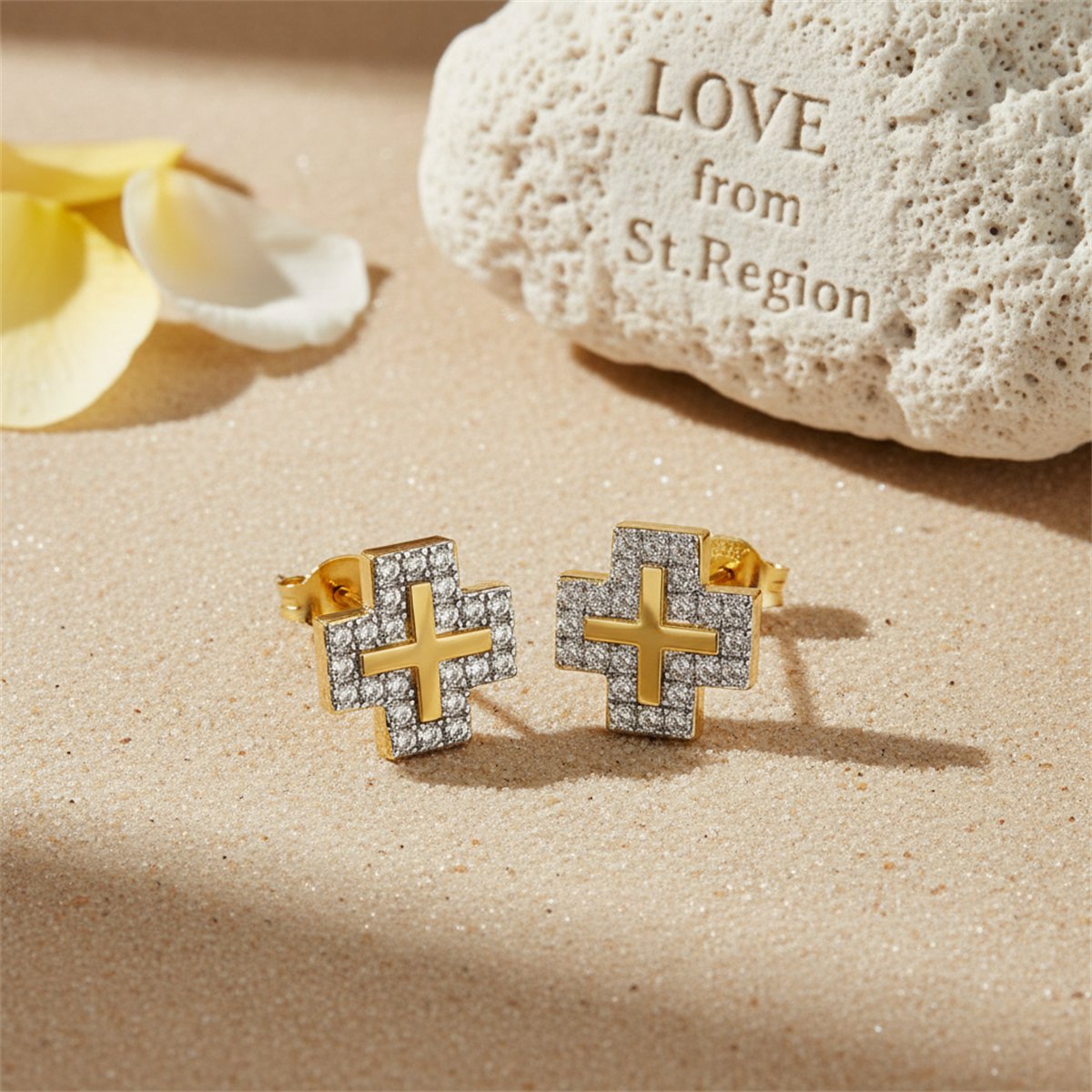 Cubic Zirconia and 18K Gold-Plated Cross Stud Earrings, gold stud earrings for women, everyday style, lifestyle look