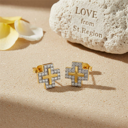 Cubic Zirconia and 18K Gold-Plated Cross Stud Earrings, gold stud earrings for women, everyday style, lifestyle look