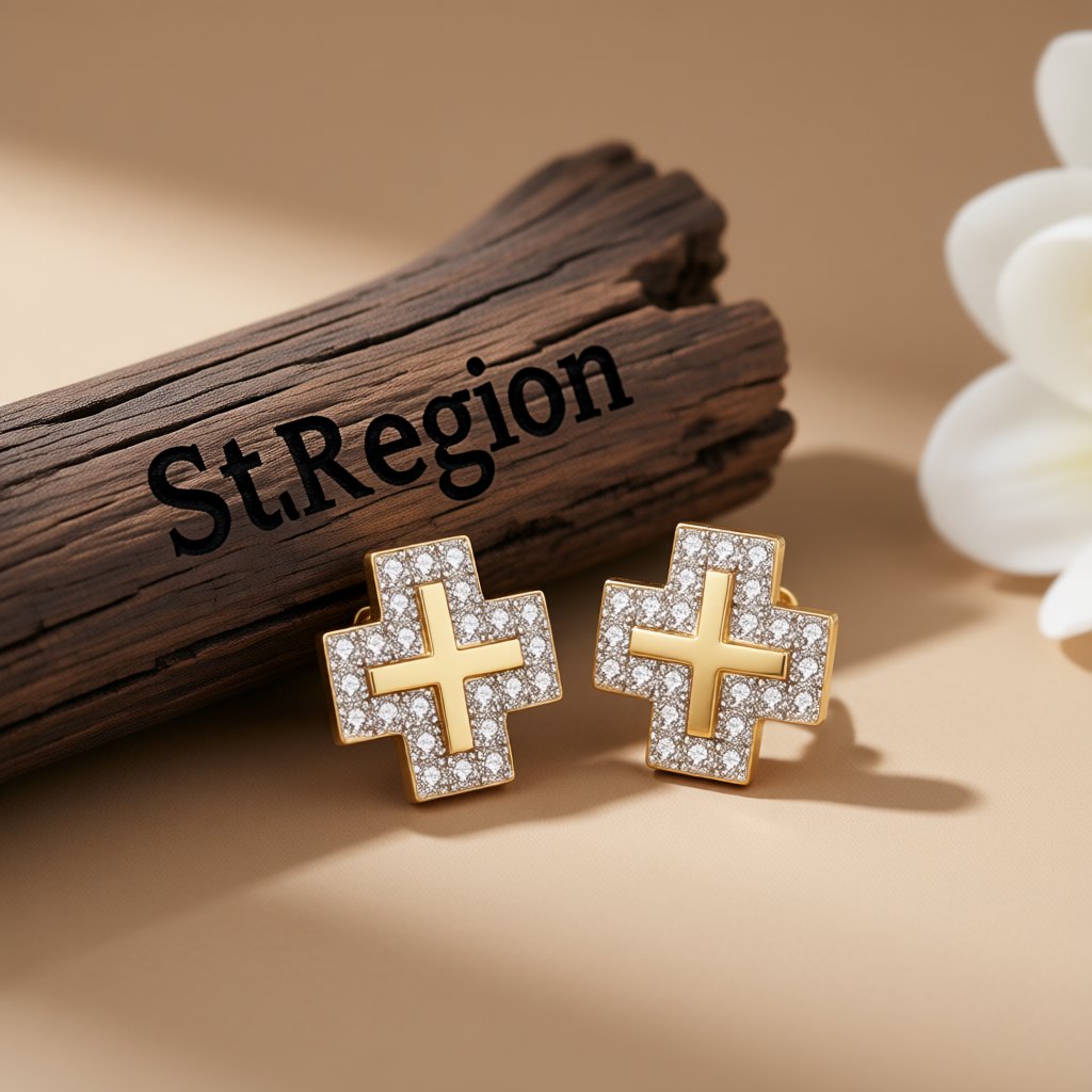 Cubic Zirconia and 18K Gold-Plated Cross Stud Earrings, gold stud earrings for women, everyday style, front view