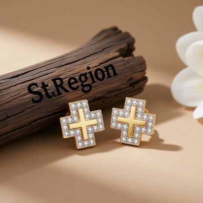 Cubic Zirconia and 18K Gold-Plated Cross Stud Earrings, gold stud earrings for women, everyday style, front view