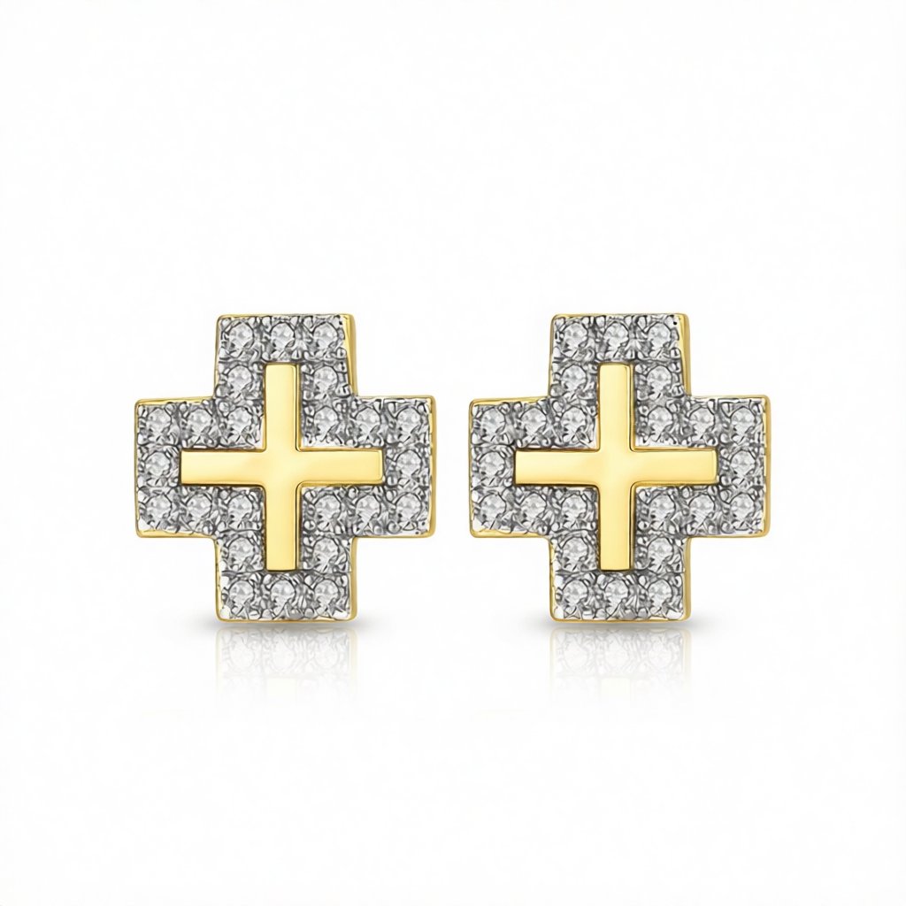 Cubic Zirconia and 18K Gold-Plated Cross Stud Earrings, gold stud earrings for women, everyday style, side view