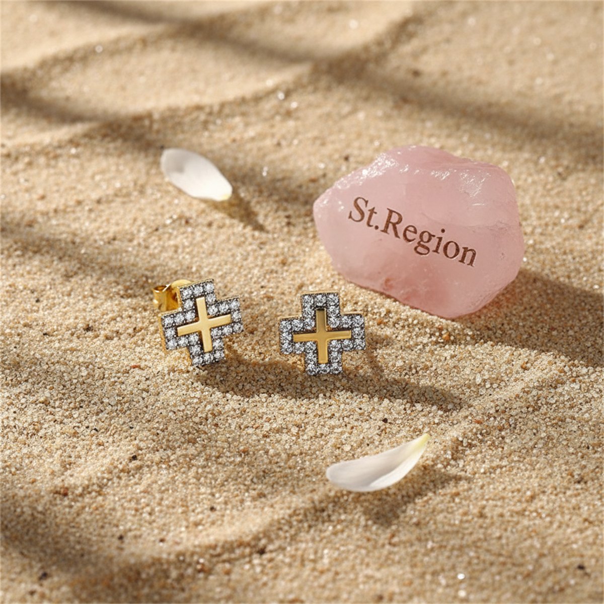 Cubic Zirconia and 18K Gold-Plated Cross Stud Earrings, gold stud earrings for women, everyday style, detail close-up