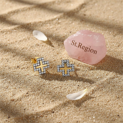 Cubic Zirconia and 18K Gold-Plated Cross Stud Earrings, gold stud earrings for women, everyday style, detail close-up