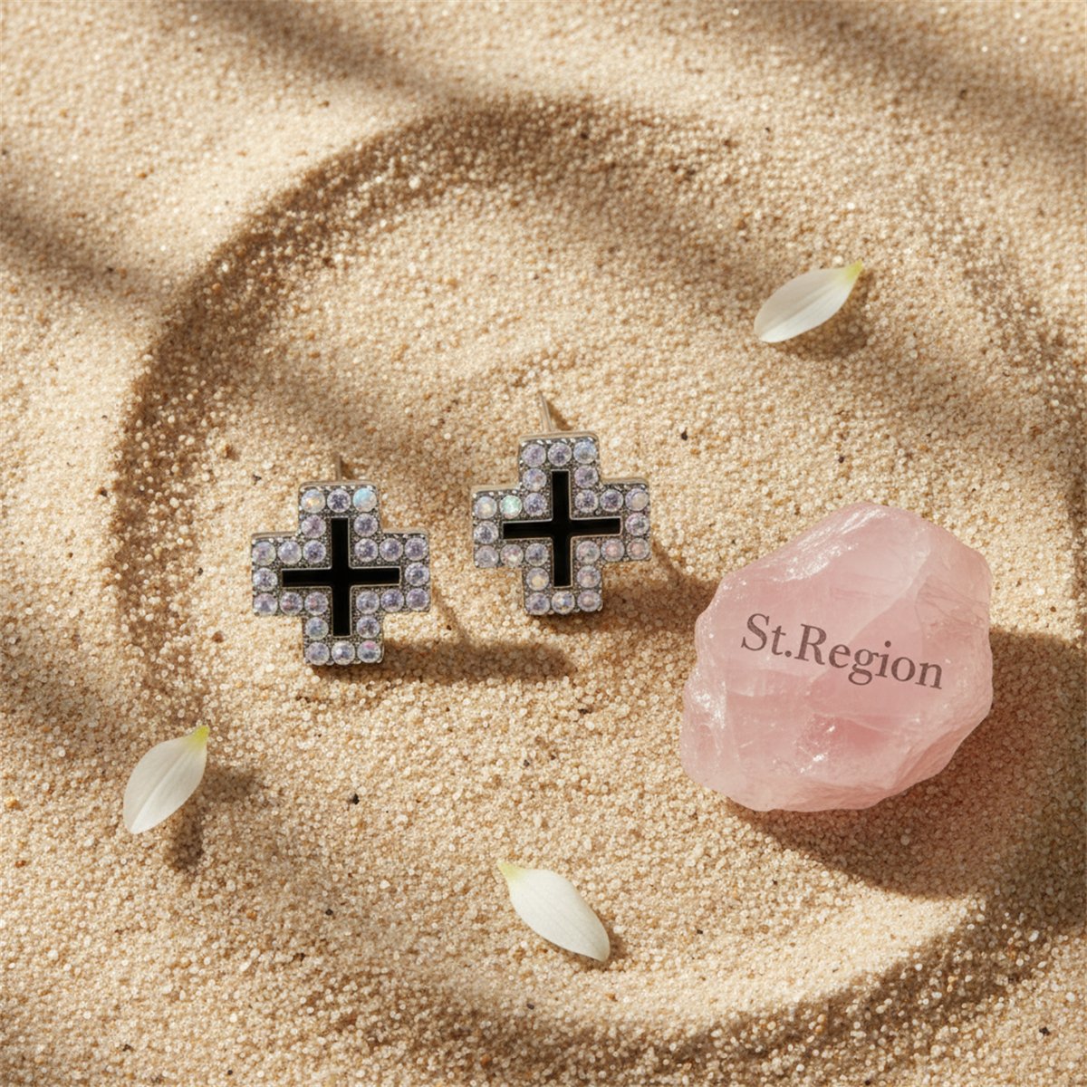 Cubic Zirconia and Enamel Silver-Plated Cross Stud Earrings, silver stud earrings for women, detail close-up