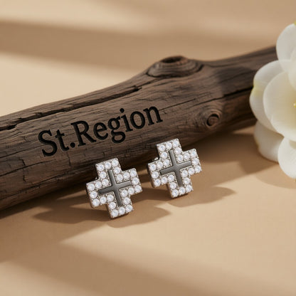 Cubic Zirconia and Enamel Silver-Plated Cross Stud Earrings, silver stud earrings for women, elegant gift for her, front view