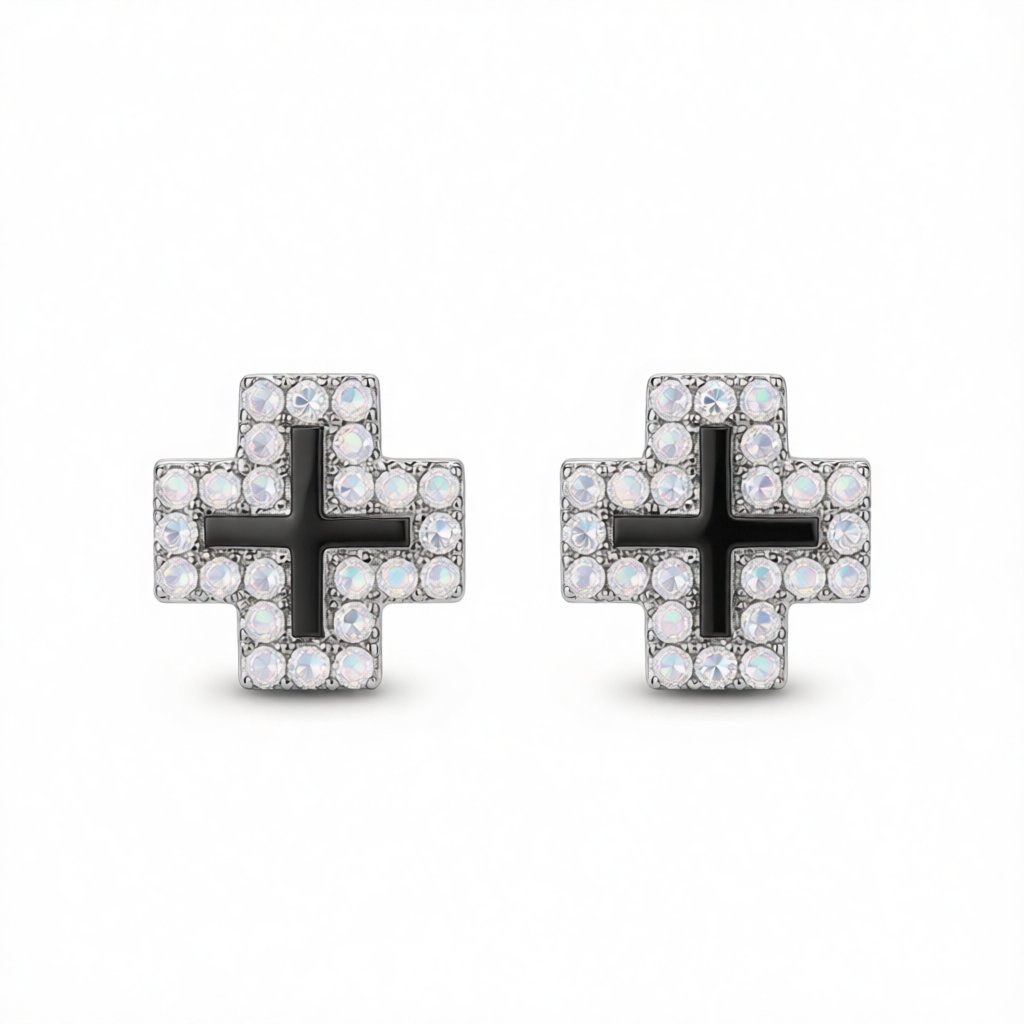 Cubic Zirconia and Enamel Silver-Plated Cross Stud Earrings, silver stud earrings for women, elegant gift for her, side view
