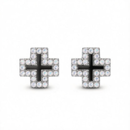 Cubic Zirconia and Enamel Silver-Plated Cross Stud Earrings, silver stud earrings for women, elegant gift for her, side view