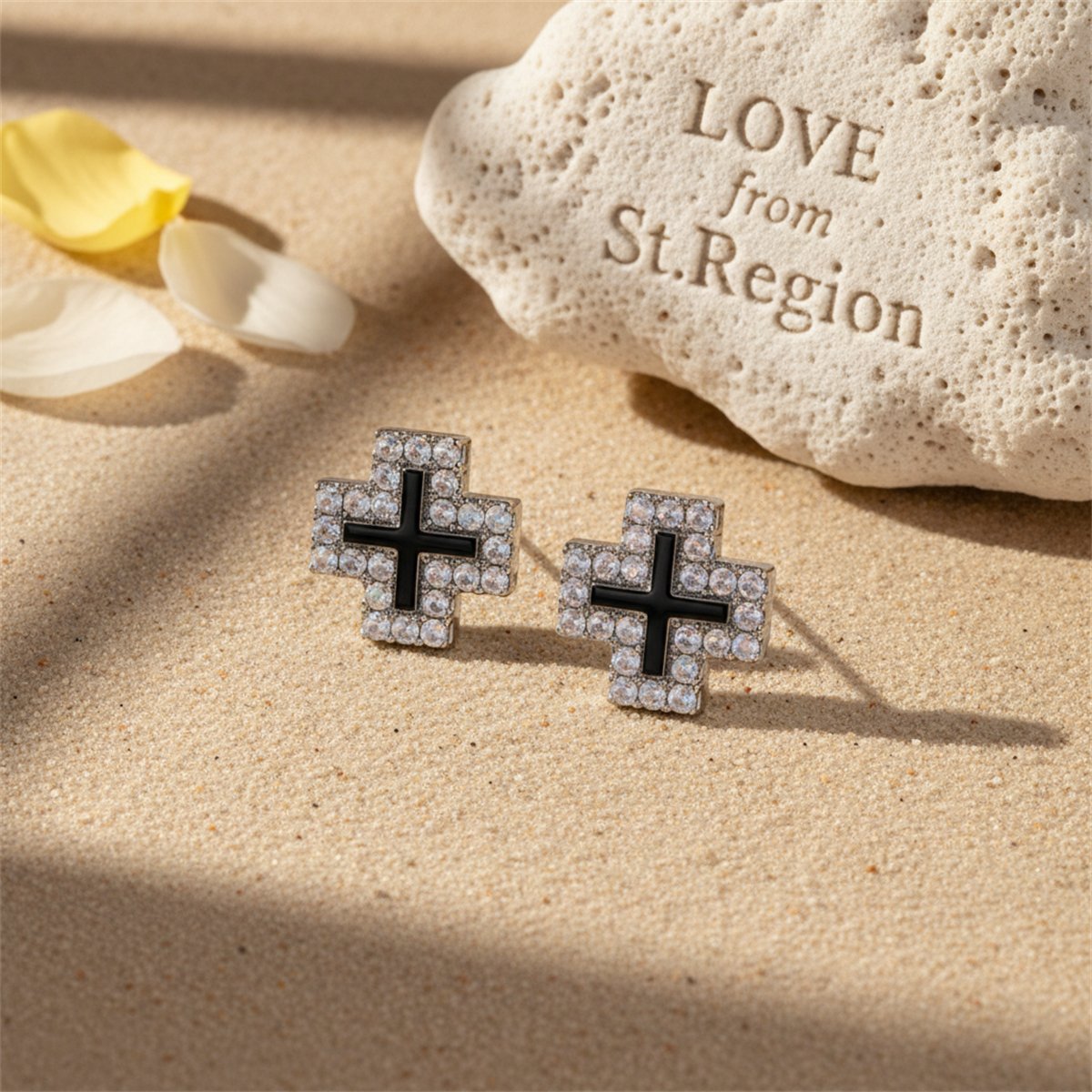 Cubic Zirconia and Enamel Silver-Plated Cross Stud Earrings, silver stud earrings for women, lifestyle look