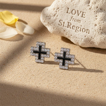 Cubic Zirconia and Enamel Silver-Plated Cross Stud Earrings, silver stud earrings for women, lifestyle look