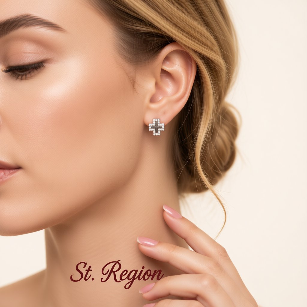 Cubic Zirconia and Enamel Silver-Plated Cross Stud Earrings, silver stud earrings for women, styled look