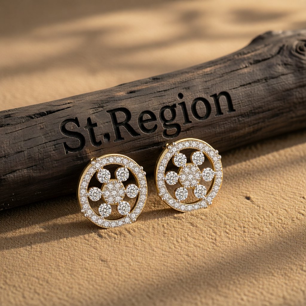 Cubic Zirconia and 18K Gold-Plated Round Snowflake Stud Earrings, gold stud earrings for women, everyday style, front view