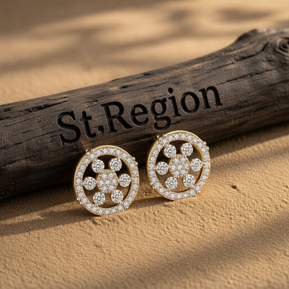 Cubic Zirconia and 18K Gold-Plated Round Snowflake Stud Earrings, gold stud earrings for women, everyday style, front view