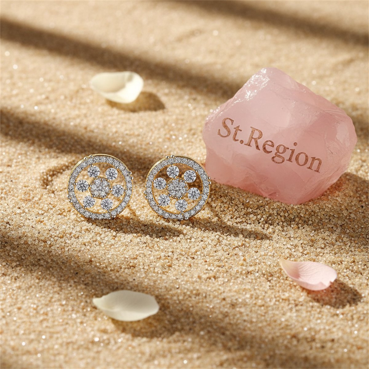 Cubic Zirconia and 18K Gold-Plated Round Snowflake Stud Earrings, gold stud earrings for women, detail close-up