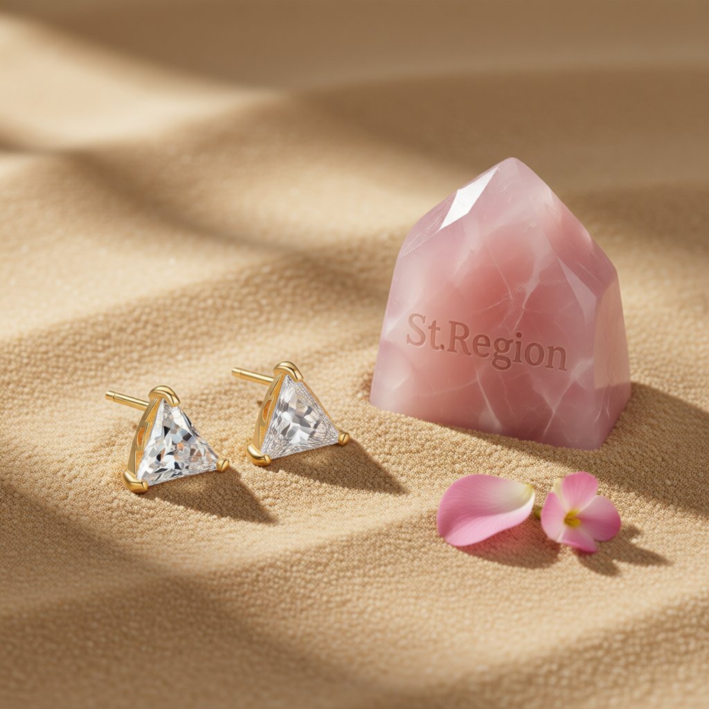 Crystal and 18K Gold-Plated Triangle Stud Earrings, gold stud earrings for women, vintage-inspired design, detail close-up