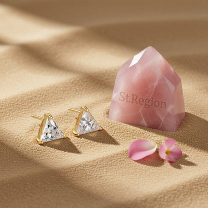 Crystal and 18K Gold-Plated Triangle Stud Earrings, gold stud earrings for women, vintage-inspired design, detail close-up