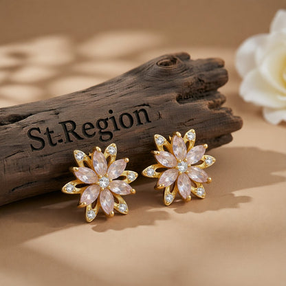Crystal and Cubic Zirconia Lotus Flower Stud Earrings, stud earrings for women, elegant gift for her, front view