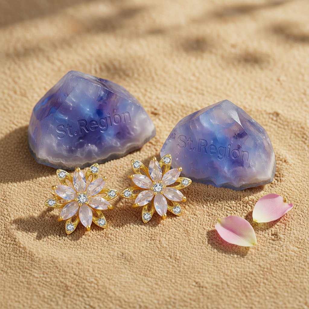 Crystal and Cubic Zirconia Lotus Flower Stud Earrings, stud earrings for women, elegant gift for her, detail close-up