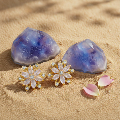 Crystal and Cubic Zirconia Lotus Flower Stud Earrings, stud earrings for women, elegant gift for her, detail close-up